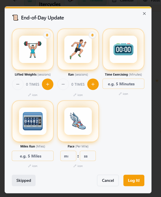 Fullsked end-of-day update dialog with tap-to-log fitness tiles